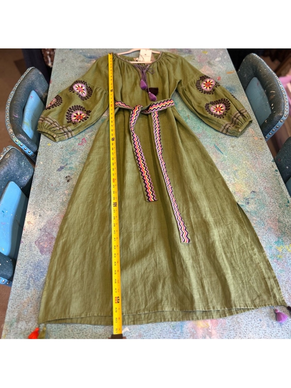 Boho Olive Green Embroidered Maxi Dress with Zigzag Belt - Picture 9 of 9